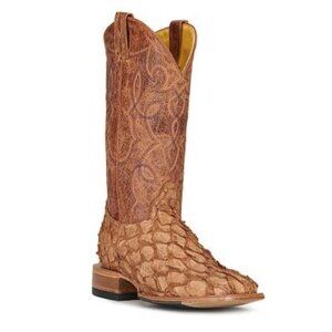 Men's Nut Brown and Saddle Pirarucu Wide Square Toe Exotic Boots